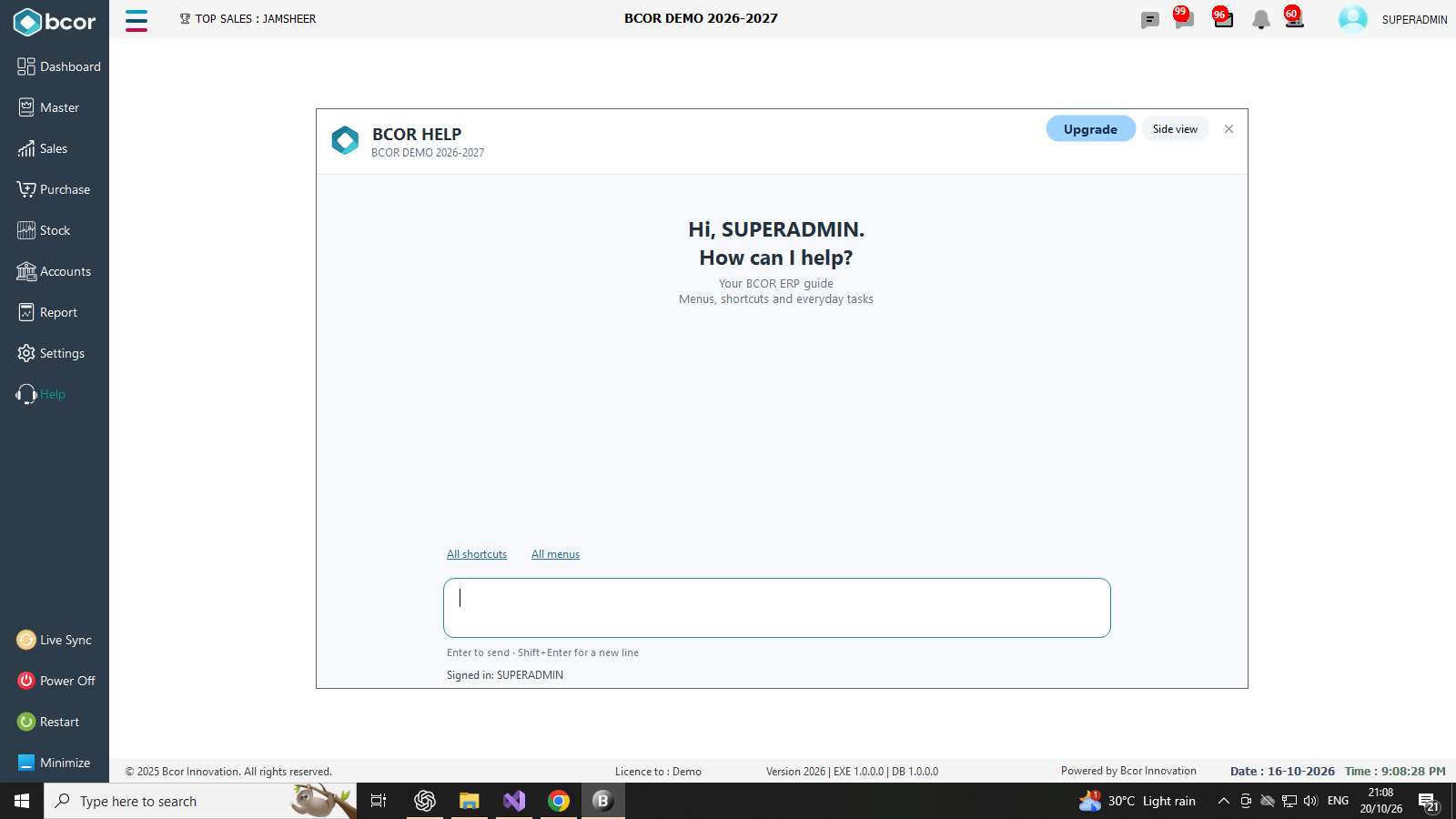 BCOR BCOR Help showing demonstration data